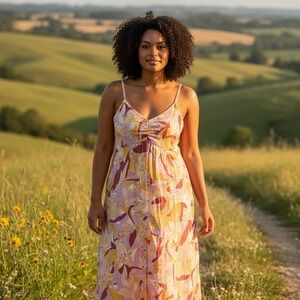 Nine West Dress Womens 2XL Multi Floral V-Neck Sundress Ruched‎ Front Tea-Length